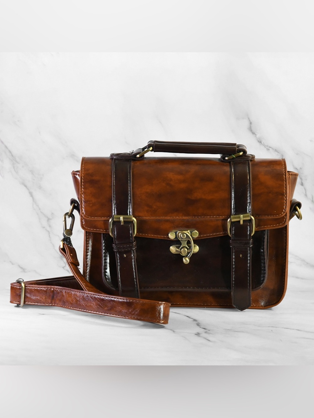 Two-Tone Brown Leather Briefcase Brass Hardware